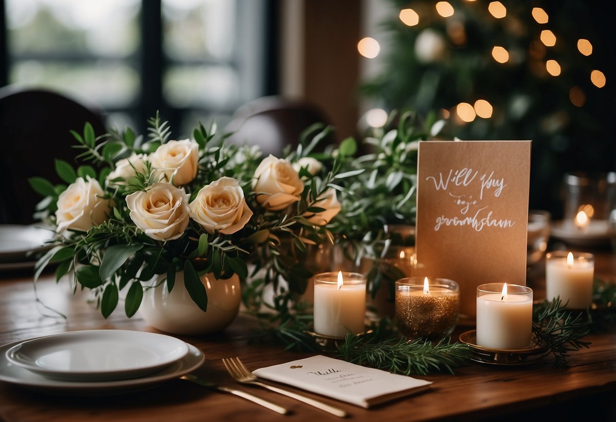 A table set with personalized gifts and handwritten notes, surrounded by candles and greenery, with a card reading "Will you be my groomsman?"