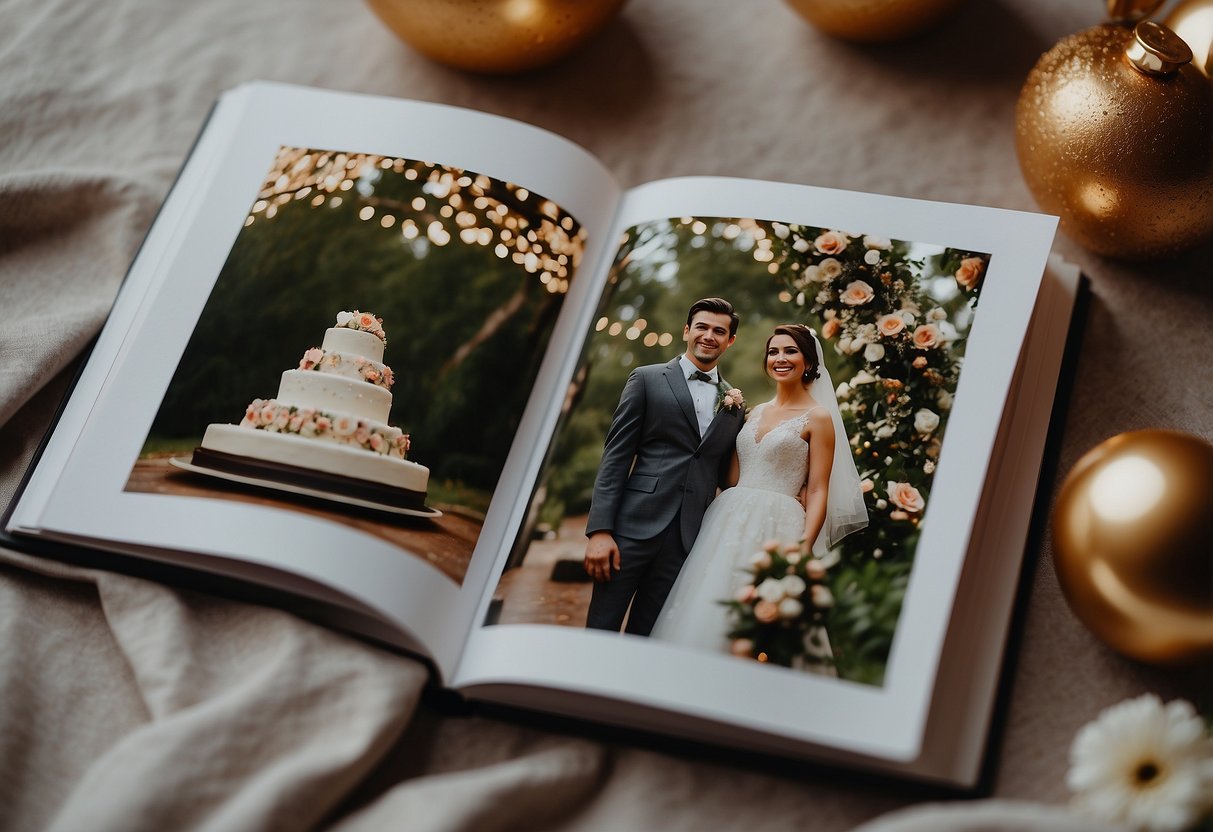 A couple's wedding photos arranged in a custom photo book, surrounded by romantic anniversary decorations and a celebratory cake