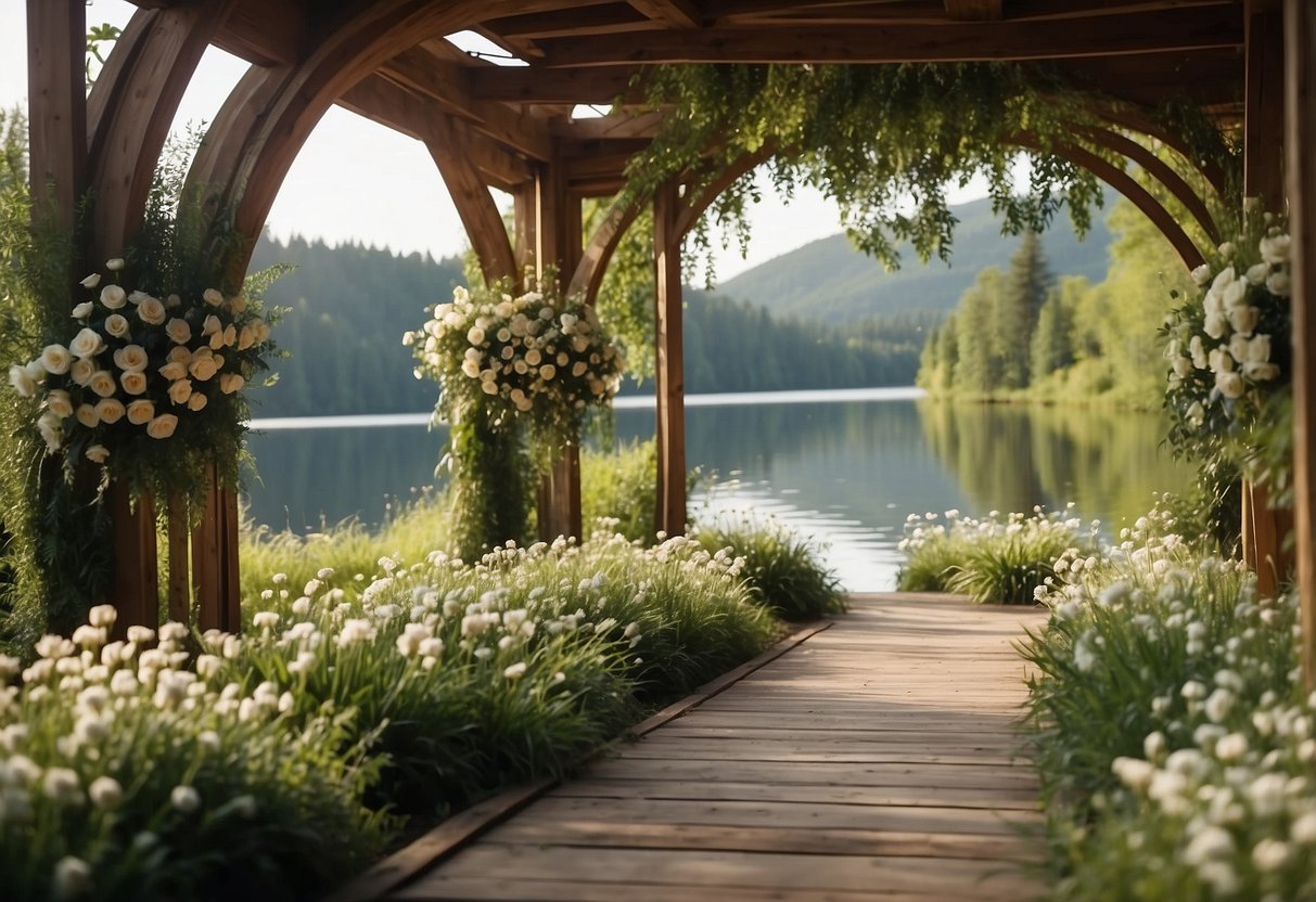 A serene lake surrounded by lush greenery, with a rustic wooden arch adorned with flowers and flowing fabric, creating a picturesque setting for a wedding ceremony