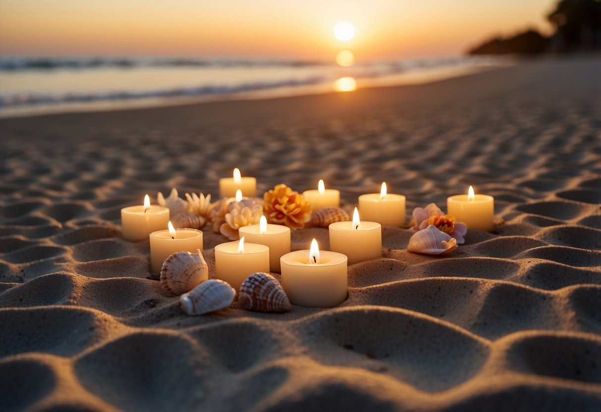 A serene beach at sunset with two sets of footprints leading towards a heart-shaped arrangement of seashells and flowers, surrounded by flickering candles