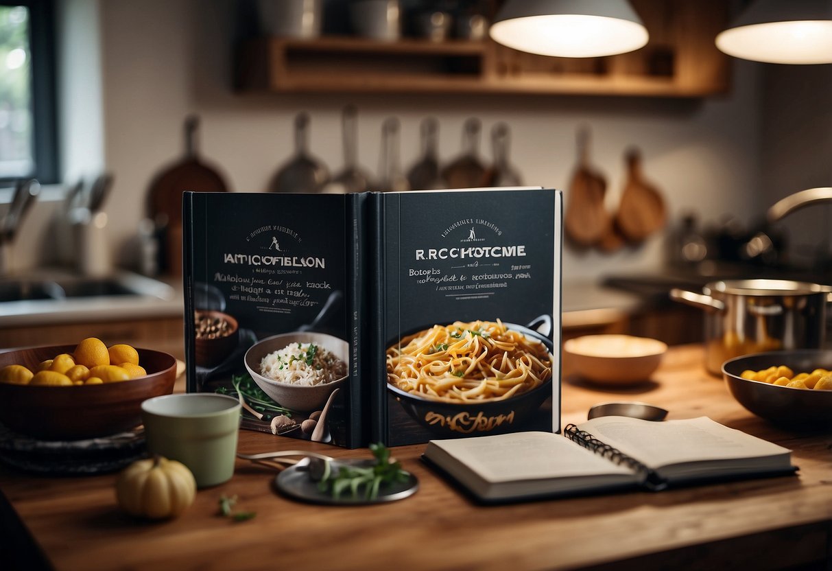 A cozy kitchen with two sets of utensils, a recipe book, and ingredients laid out on the counter for a cooking class