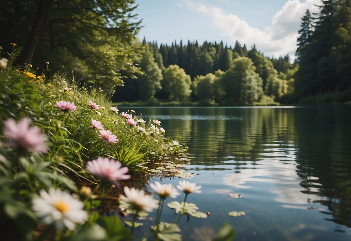 A serene lakeside setting with lush greenery, blooming flowers, and a tranquil water surface, perfect for a nature-inspired wedding invitation