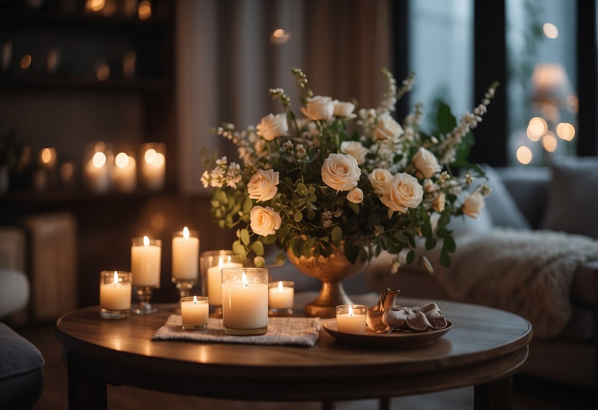 A cozy living room with a simple altar, surrounded by twinkling lights and fresh flowers. A small table set for an intimate dinner, with candles and elegant place settings