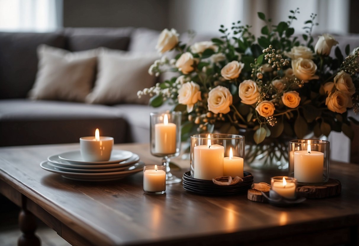 A cozy living room with candles, flowers, and a small table set for an intimate wedding ceremony