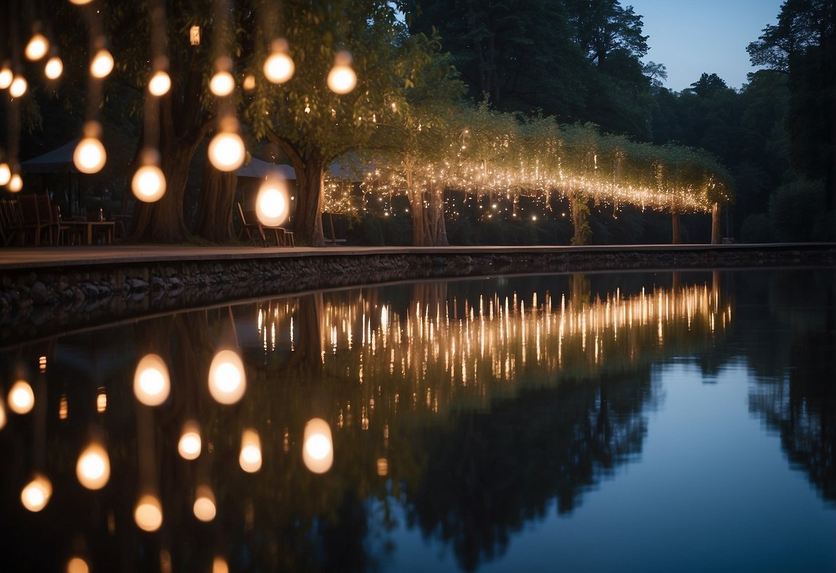 A serene lake reflects a canopy of twinkling fairy lights, creating a magical ambiance for a wedding celebration