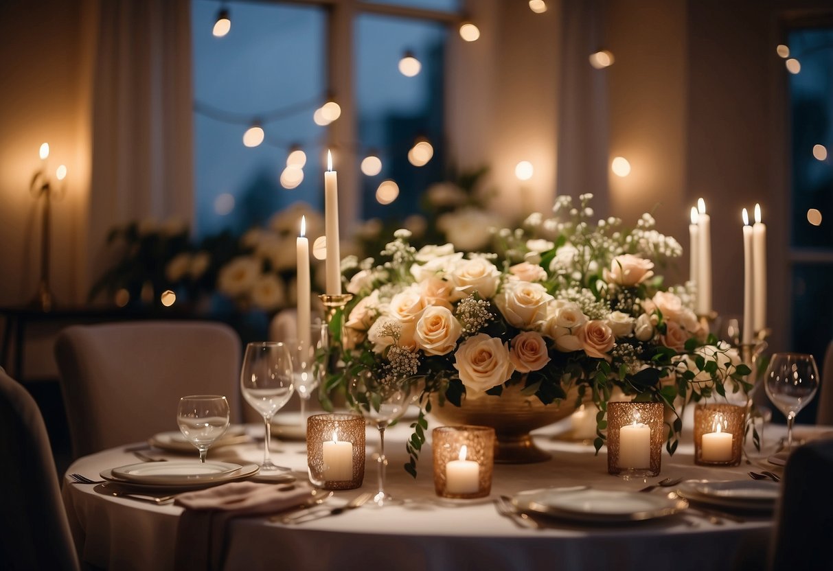 A cozy living room with fairy lights, floral centerpieces, and elegant table settings for an intimate home wedding