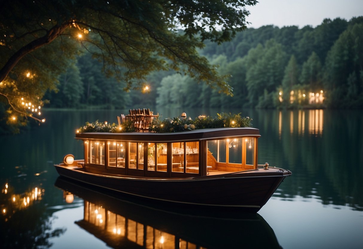 A charming boat bar floats on a serene lake, surrounded by lush greenery and twinkling lights, setting the perfect scene for a rustic wedding