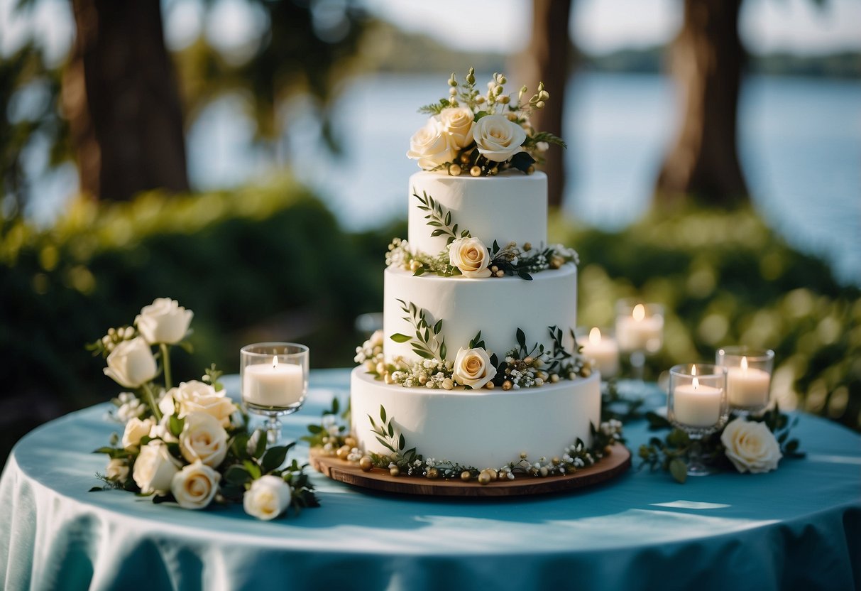 A three-tiered wedding cake sits on a lakeside table, adorned with watercolor floral designs and surrounded by shimmering blue water and lush greenery