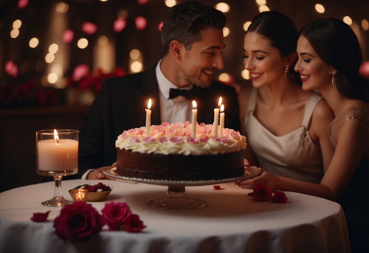 A couple sits at a candlelit table, surrounded by rose petals and soft music. A waiter presents a decadent dessert with "Happy 10th Anniversary" written in chocolate