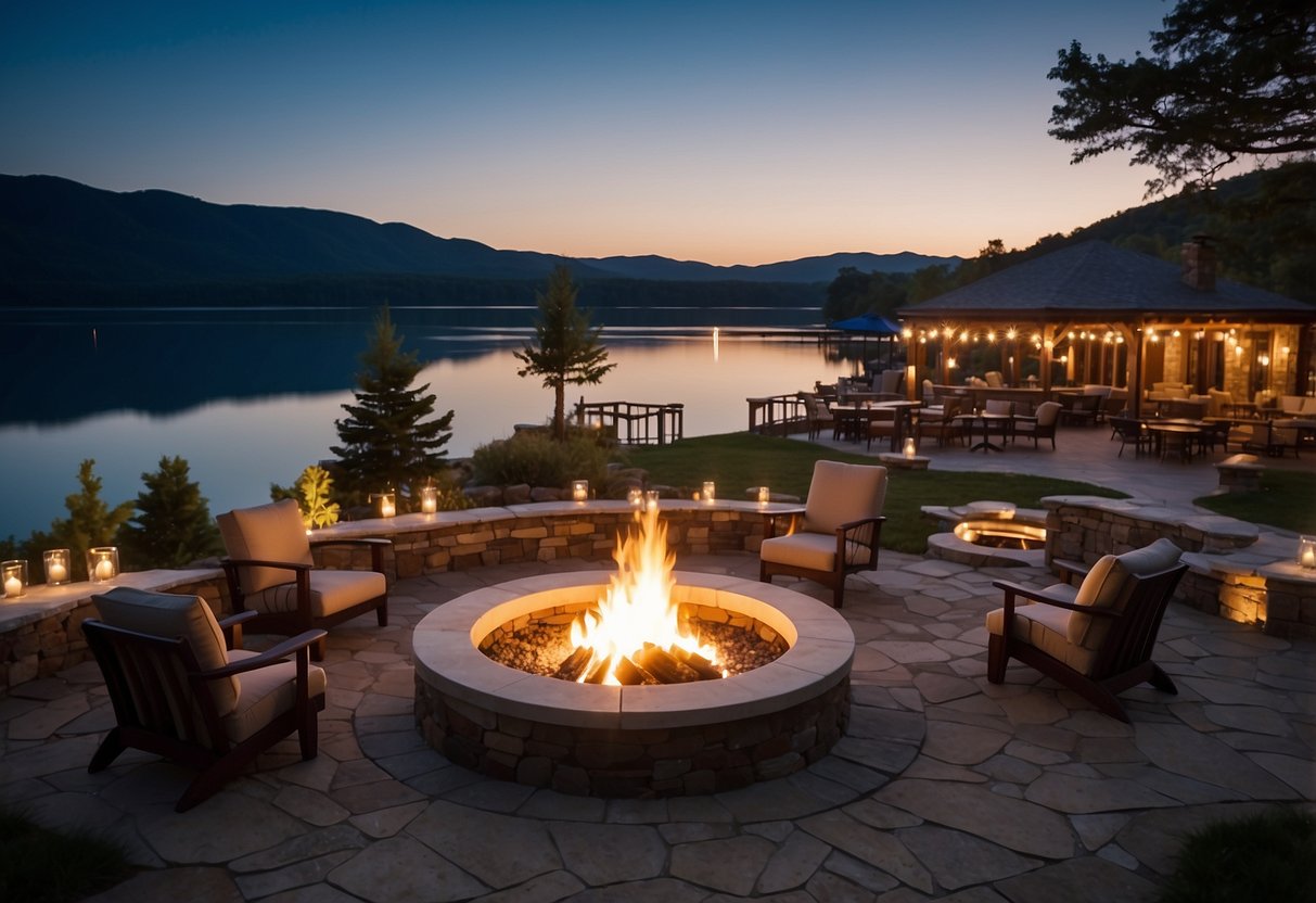 A serene lakefront setting with multiple fire pits surrounded by cozy seating areas, twinkling string lights, and a starry night sky