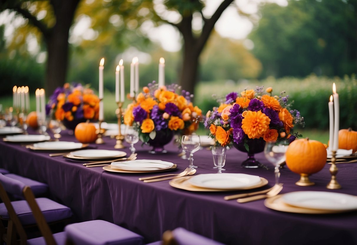 A vibrant purple and orange wedding scene with floral arrangements, table settings, and décor in a romantic garden setting