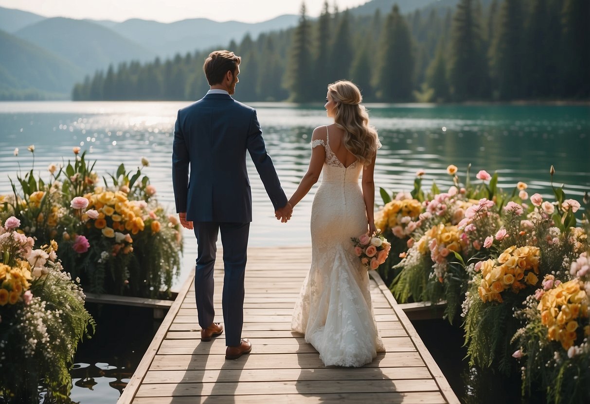 A couple stands on a dock, waving goodbye as a paddle boat adorned with flowers sets off into the serene lake for a wedding send-off