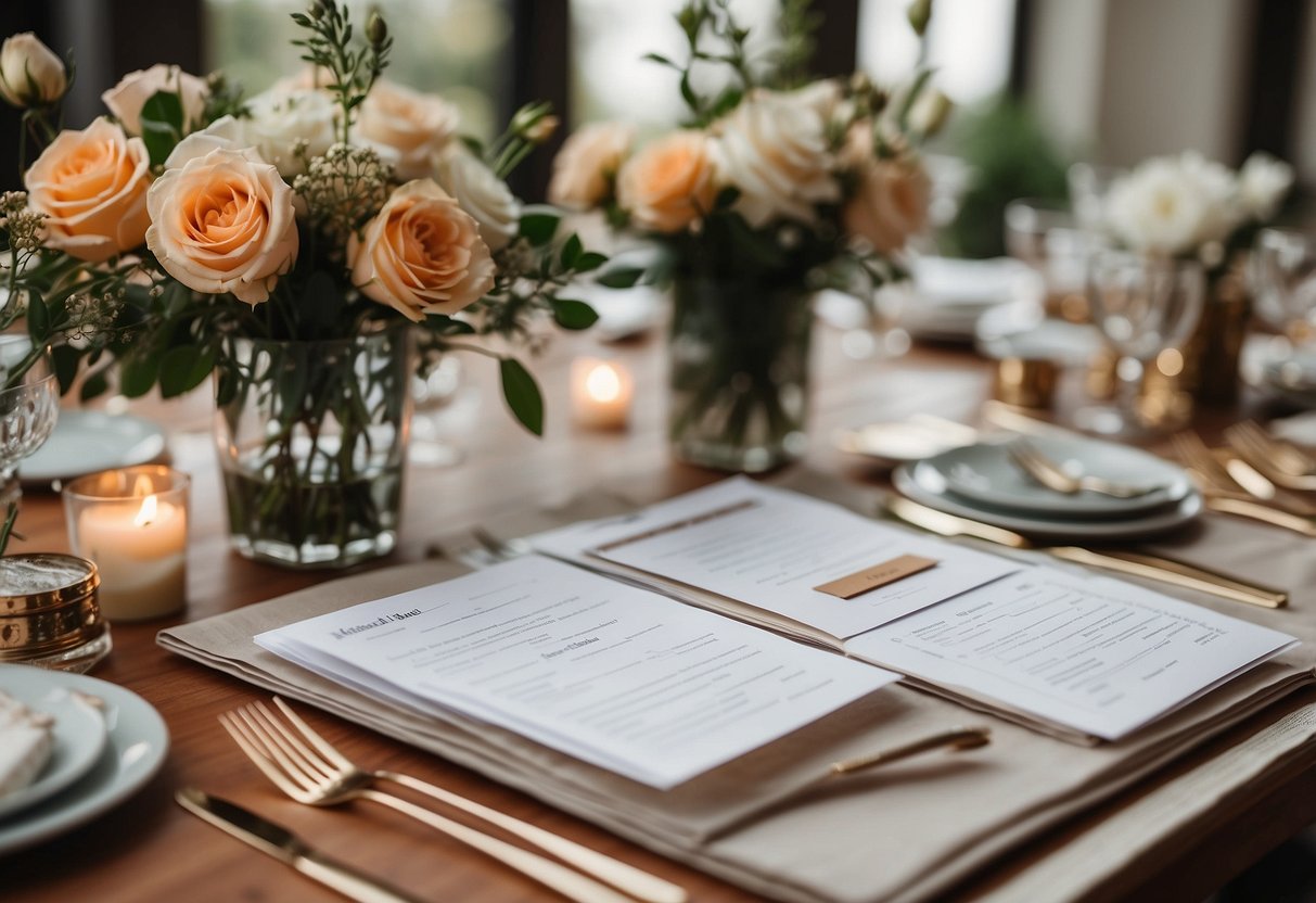 A table with various wedding binder ideas spread out, including color swatches, fabric samples, and invitation designs