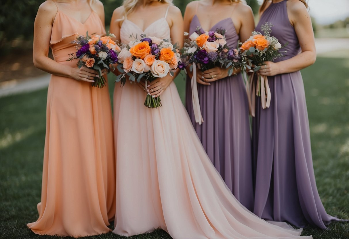 Bridesmaid dresses in blush and tangerine, with purple and orange wedding decor