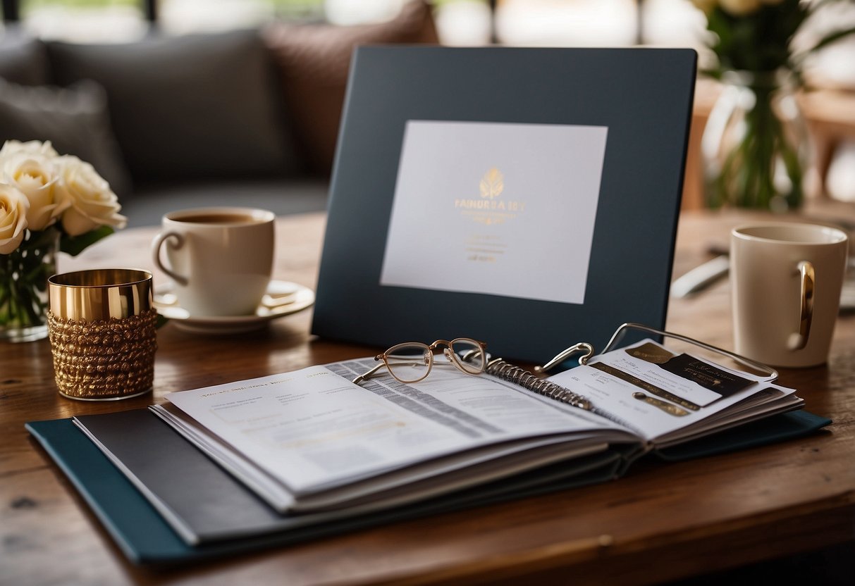 A wedding binder open on a table, filled with color swatches, fabric samples, and invitation designs, surrounded by a pen and a cup of coffee