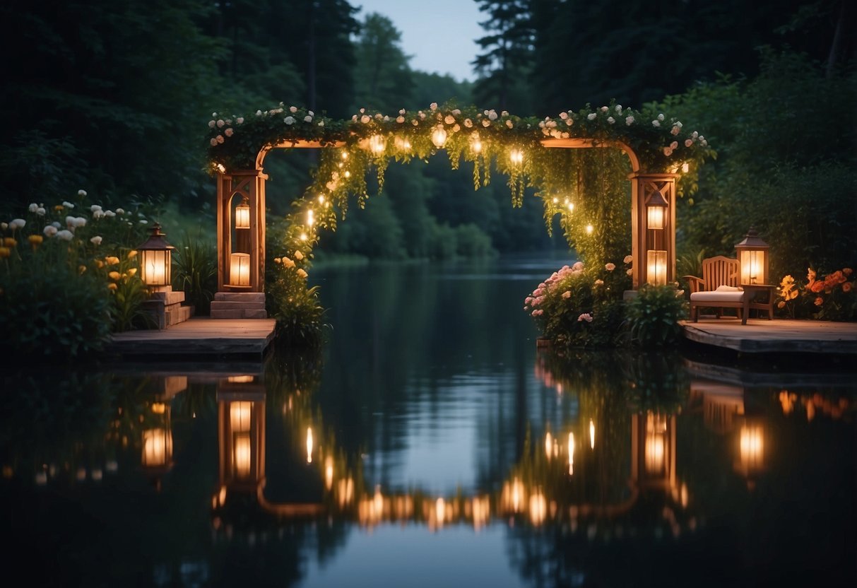 A serene lake surrounded by lush greenery, with a wooden arch adorned with flowers and flowing fabric. Lanterns and candles flicker in the evening light, casting a warm glow over the water