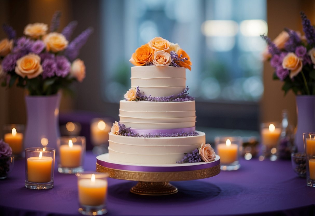 A three-tiered wedding cake adorned with lavender and peach flowers, set against a backdrop of purple and orange wedding decor