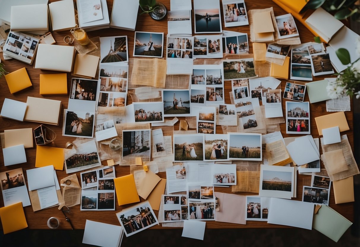 A table covered in wedding vendor contact sheets, surrounded by colorful binders filled with wedding ideas