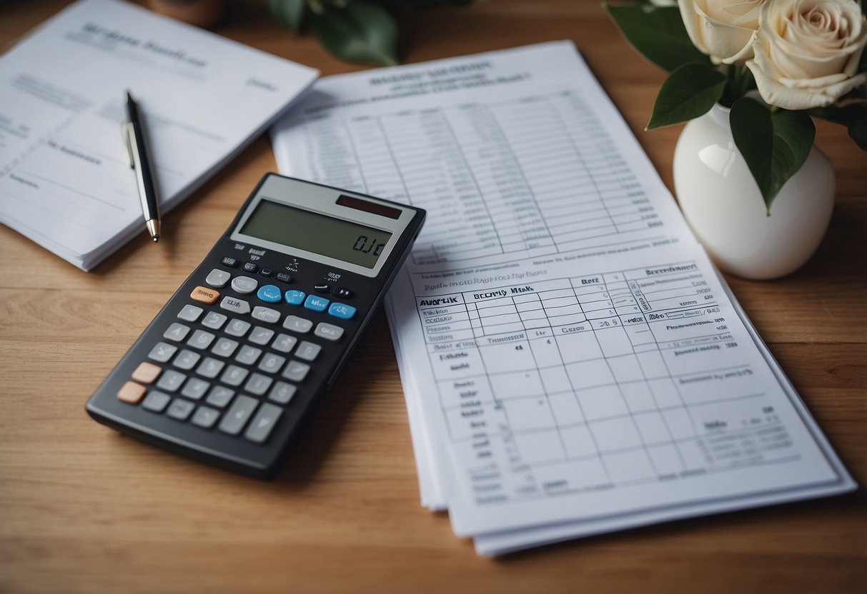 A table with spreadsheets, receipts, and a calculator. Decorative binder with "Wedding Budget Tracker" written on the cover