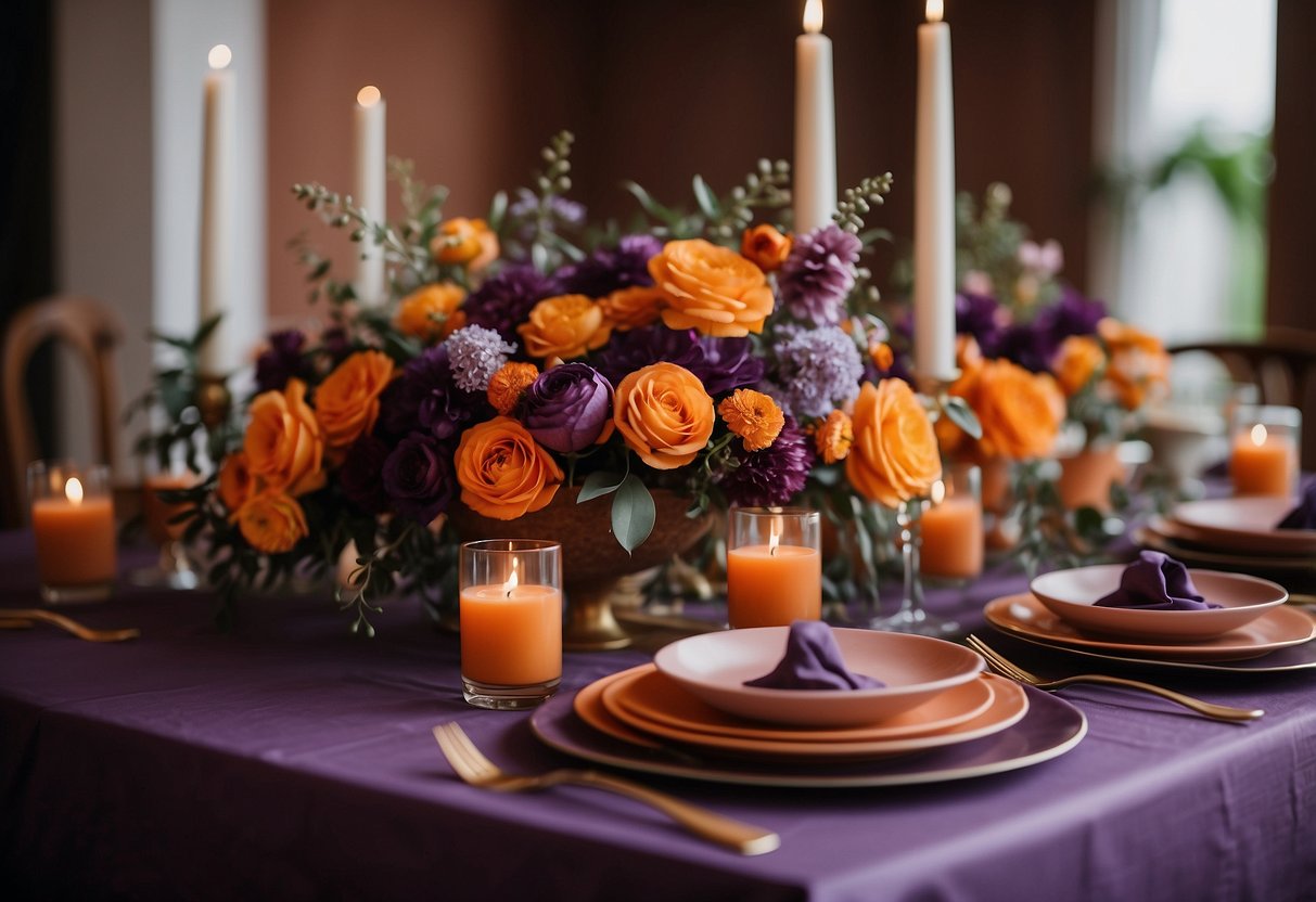 Terracotta and plum table settings arranged with purple and orange decor for a wedding