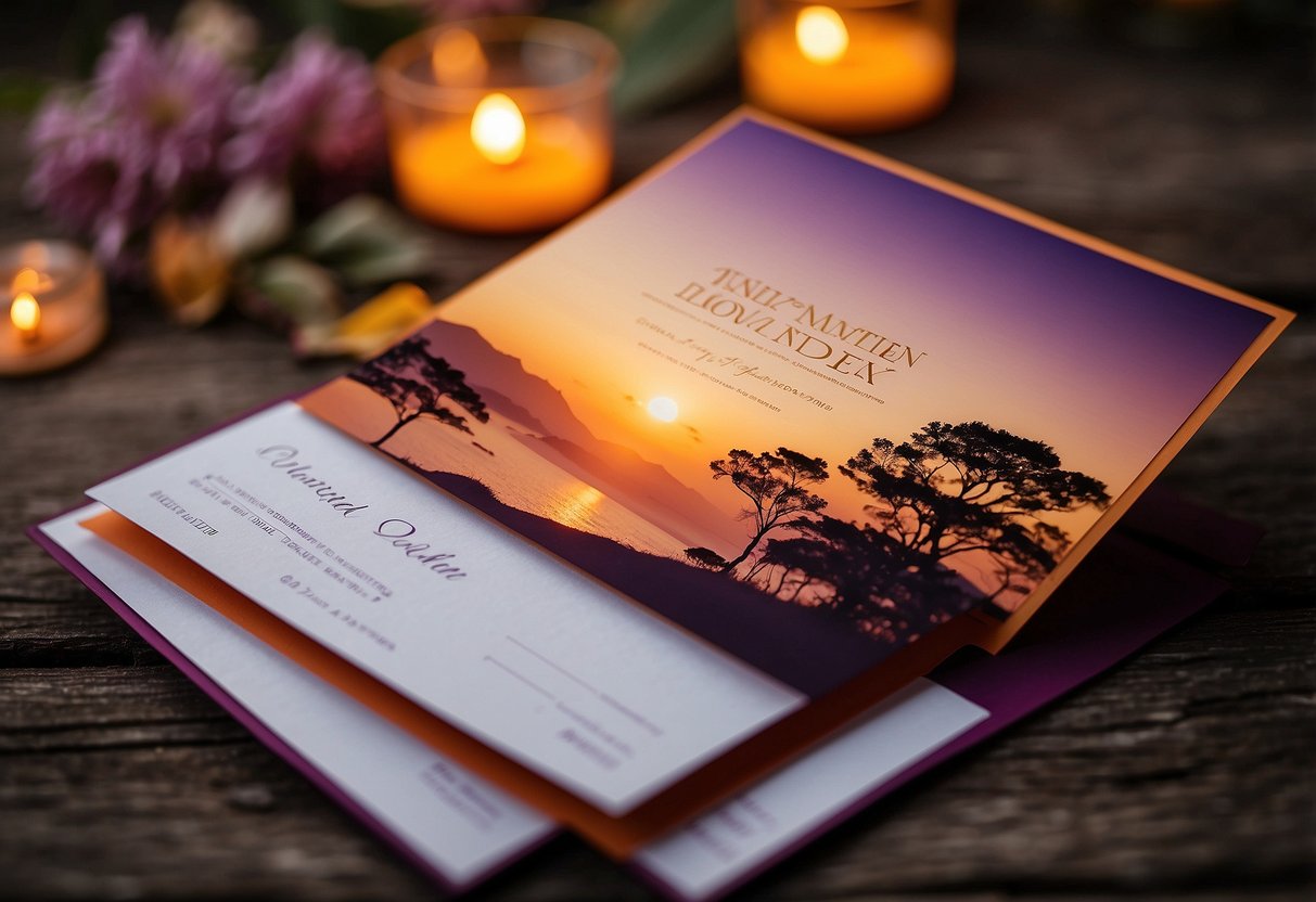 Sunset-hued wedding invitations with purple and orange color scheme