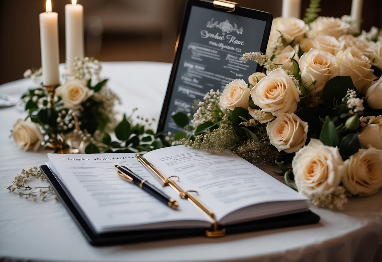 A wedding binder open to a page with a seating chart organizer, surrounded by elegant floral decorations and a pen ready to fill in the details