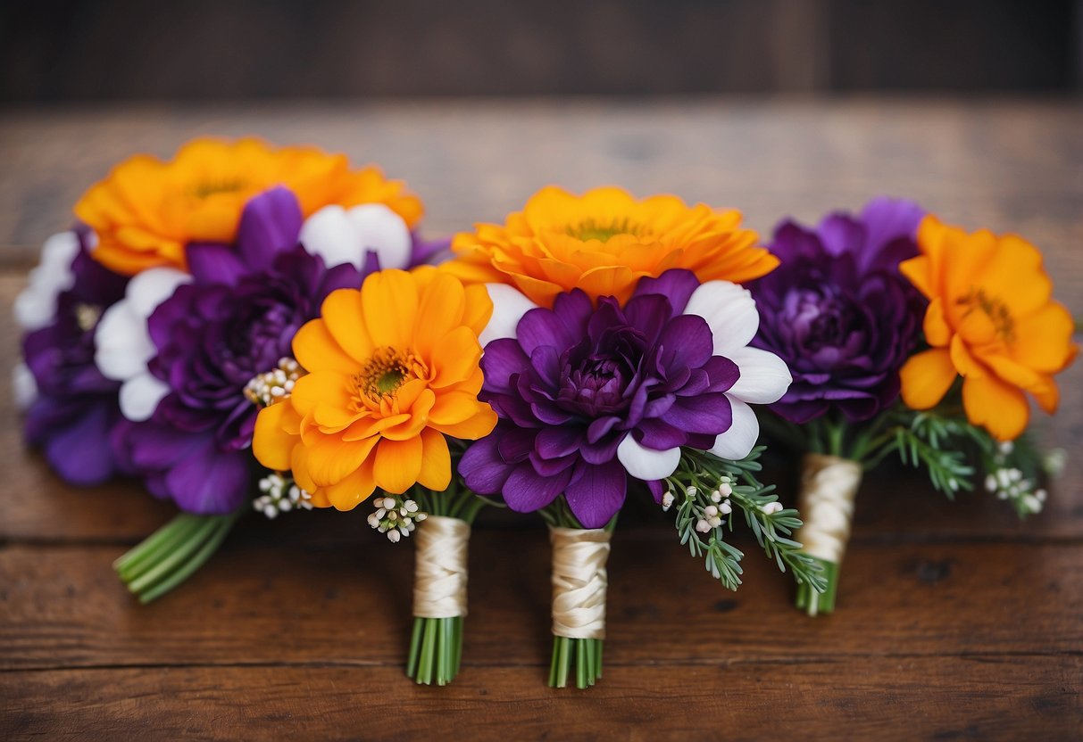 Vibrant violet and marigold boutonnières arranged on a rustic wooden table for a purple and orange wedding theme