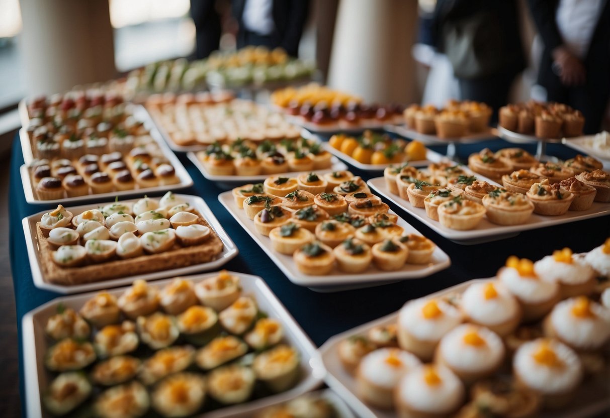 A buffet table filled with an array of elegant and appetizing dishes, from mini quiches to decadent dessert trays, is the focal point of the wedding reception