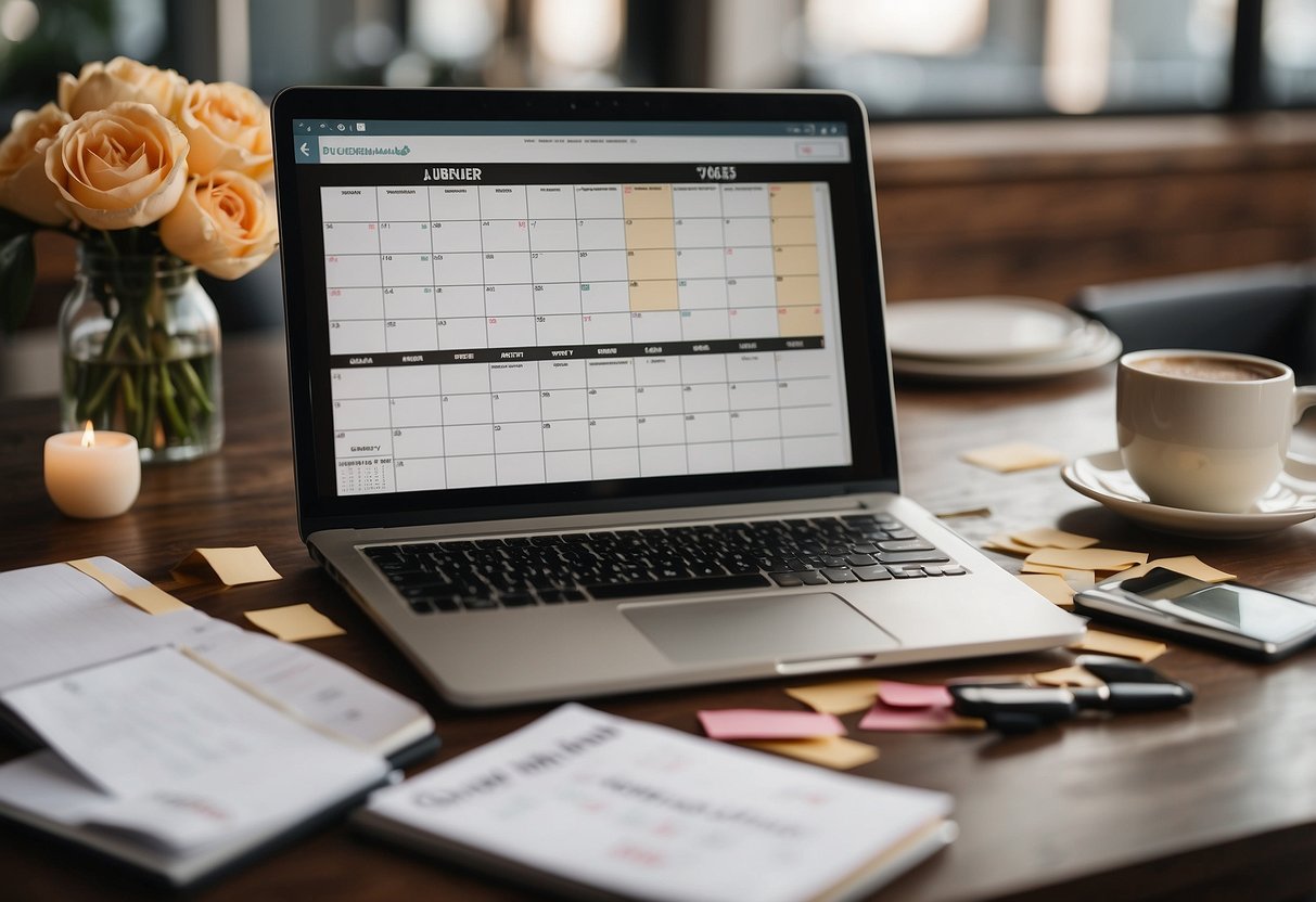 A desk with a wedding planner binder, a calendar, sticky notes, and pens scattered around. A laptop open to a wedding planning website