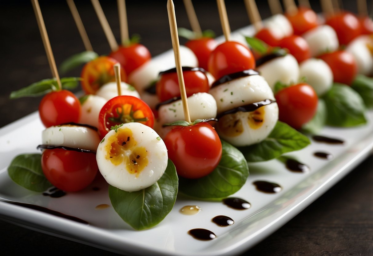 Mini Caprese skewers arranged on a white platter, with cherry tomatoes, mozzarella balls, and fresh basil leaves, drizzled with balsamic glaze