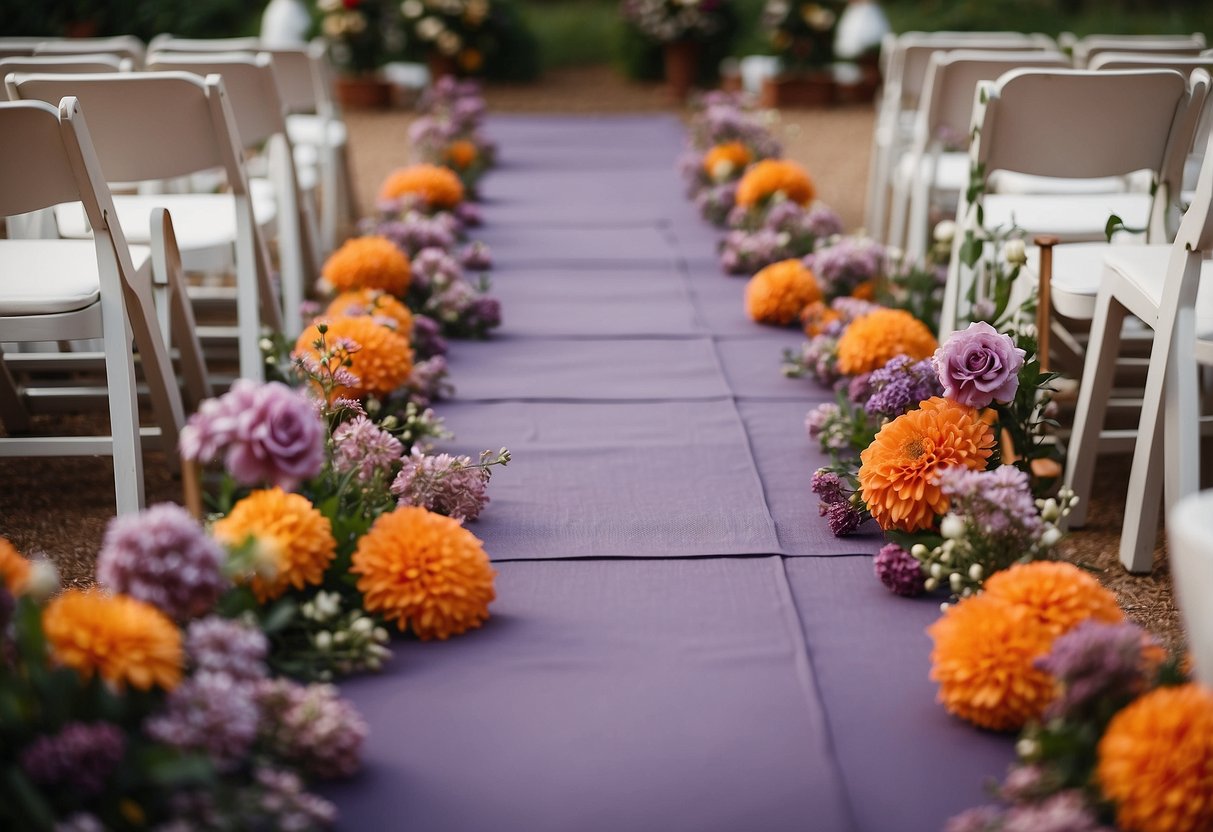 Aisle runner in lilac and burnt orange, adorned with purple and orange flowers for a wedding