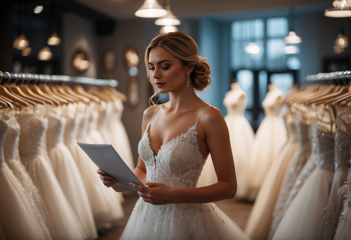 A bride holds a checklist while browsing racks of wedding dresses in a boutique, surrounded by bridal gowns and accessories