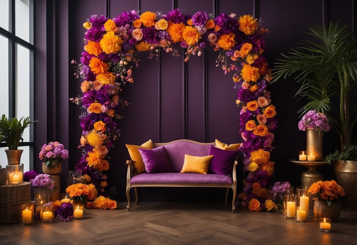 A magenta and amber photo booth backdrop with purple and orange wedding decorations