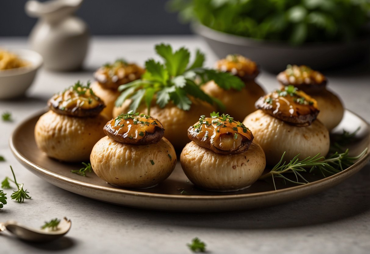 A platter of golden-brown stuffed mushrooms arranged elegantly on a serving dish, garnished with fresh herbs and drizzled with a savory glaze