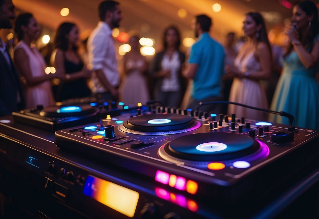 A DJ booth with a colorful, glowing dance floor, surrounded by happy guests mingling and dancing to upbeat music at a wedding reception