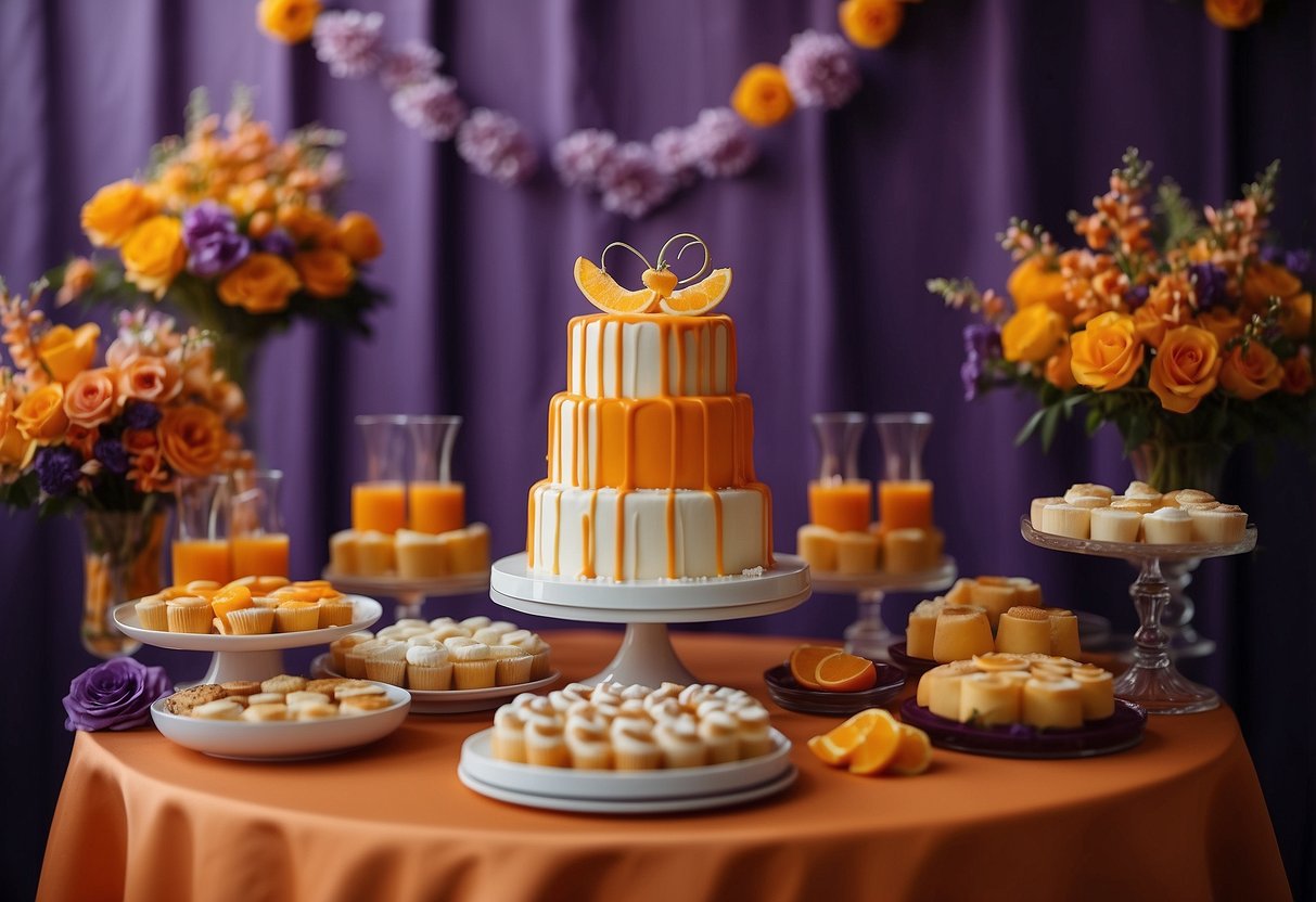 A dessert table adorned with honeysuckle and apricot treats, set against a backdrop of purple and orange wedding decor