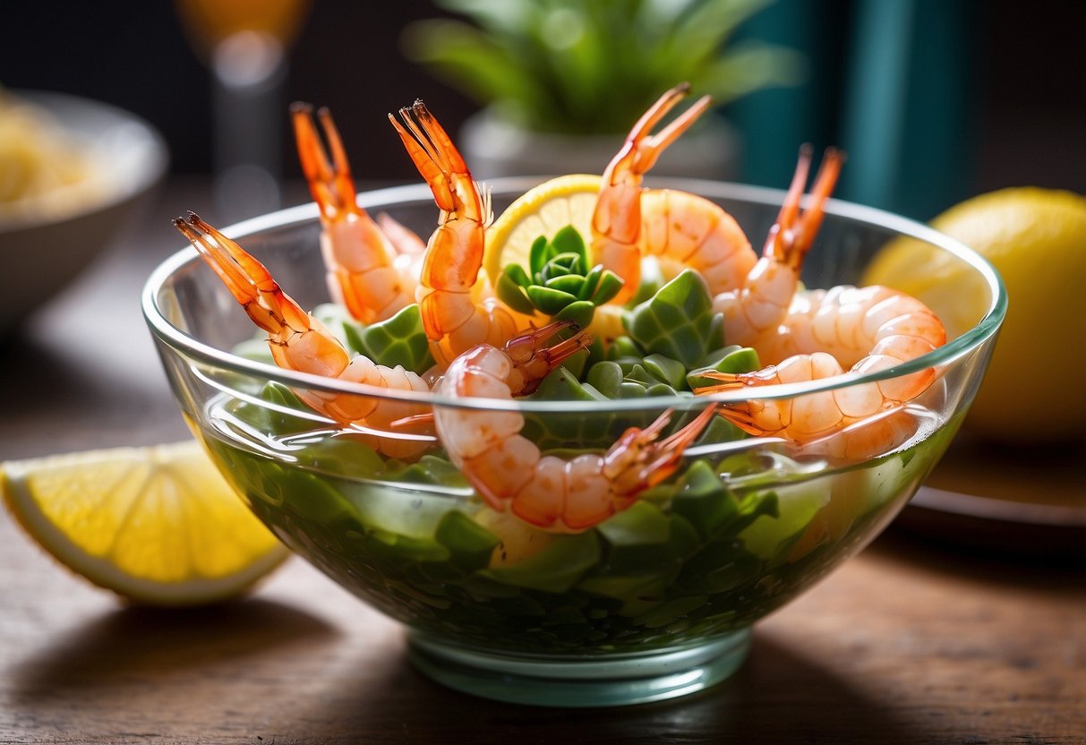 A glass bowl filled with succulent shrimp, surrounded by vibrant cocktail sauce and garnished with fresh lemon wedges