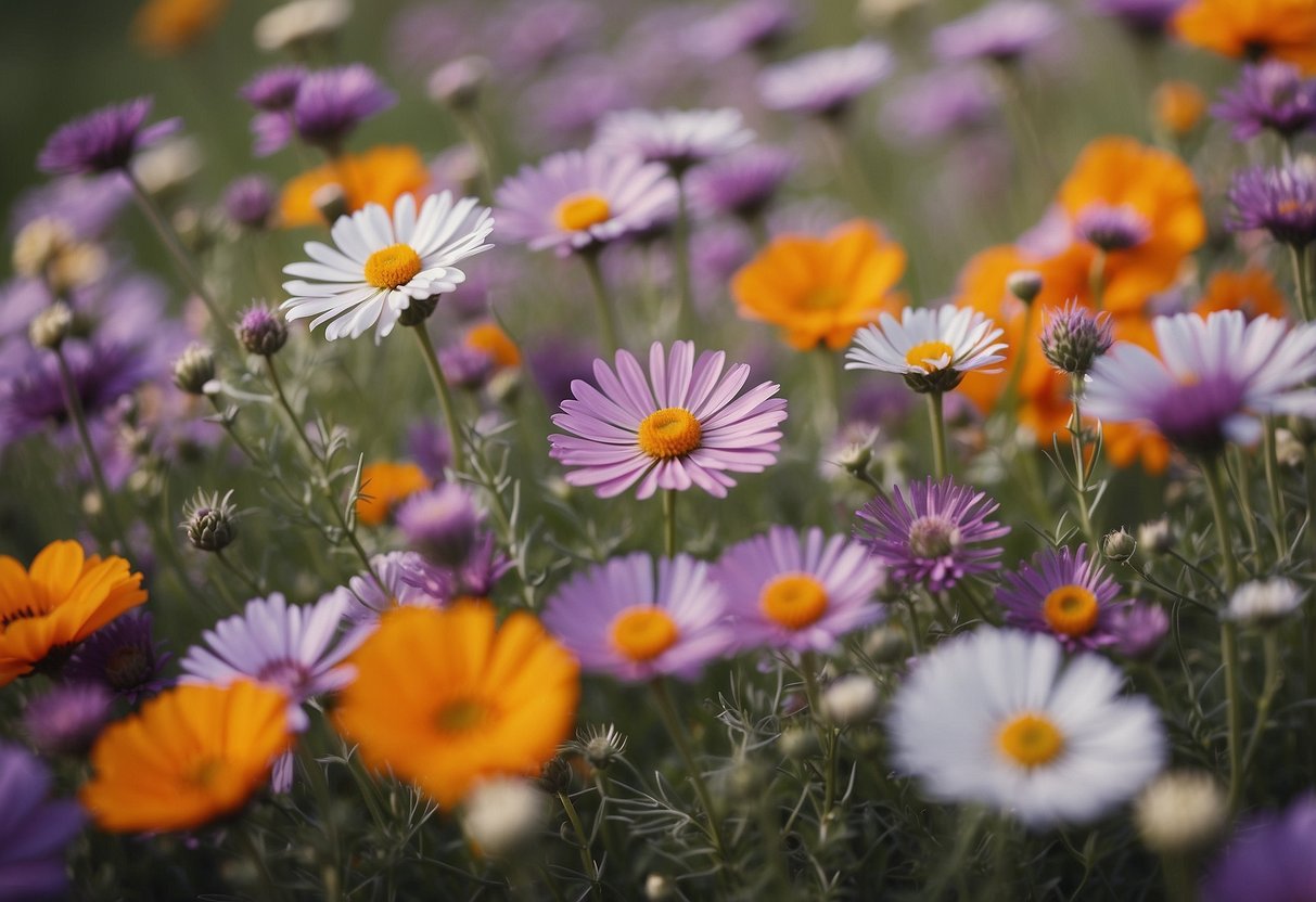 A field of wildflowers in shades of purple and orange, arranged in bouquets for a wedding celebration