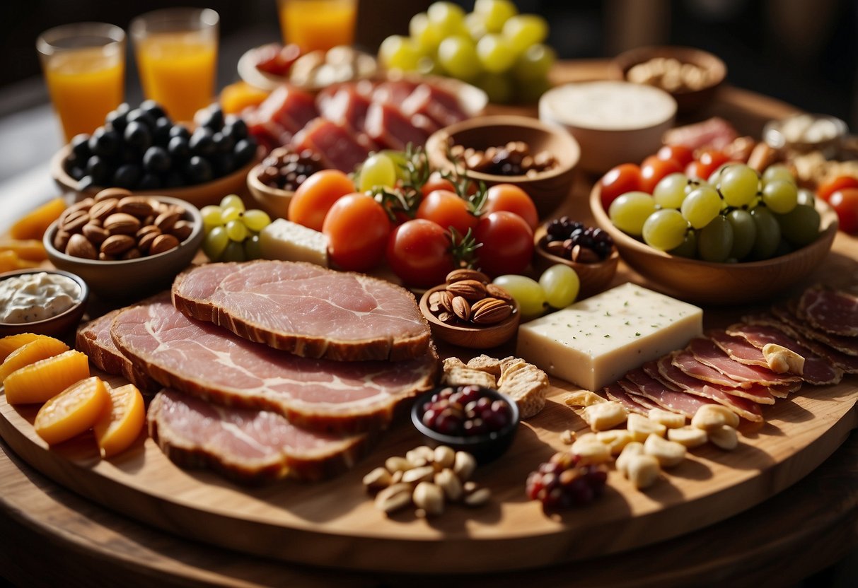 A wooden board displays an assortment of cured meats, cheeses, fruits, and nuts. Accompanied by artisanal bread and spreads, it is the centerpiece of a wedding reception