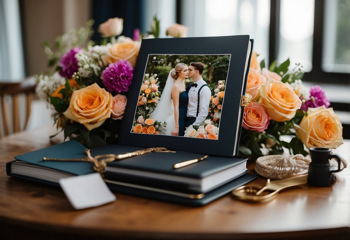 A wedding binder open on a table, filled with color swatches, fabric samples, and floral arrangements. A pen and notebook sit nearby for jotting down ideas