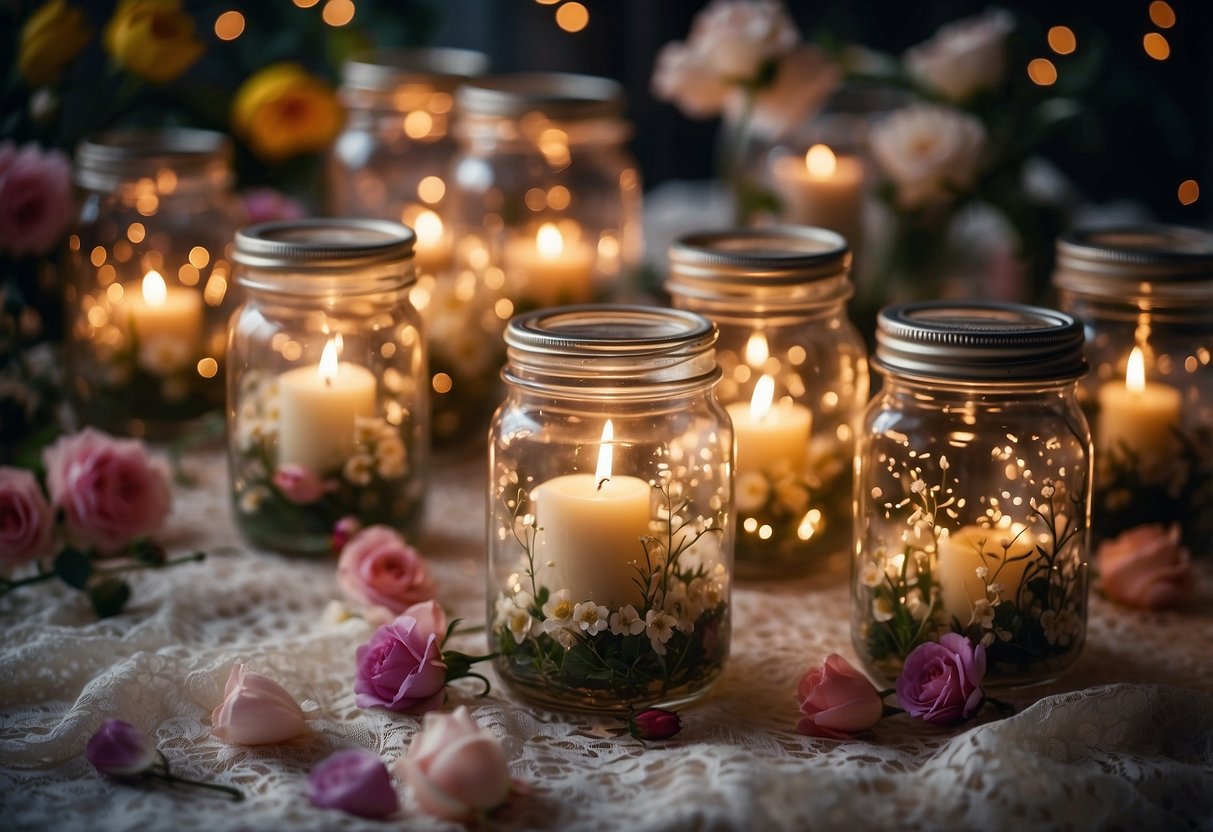 Various glass jars filled with wildflowers and candles, surrounded by scattered rose petals on a lace tablecloth. Twinkling fairy lights hang overhead