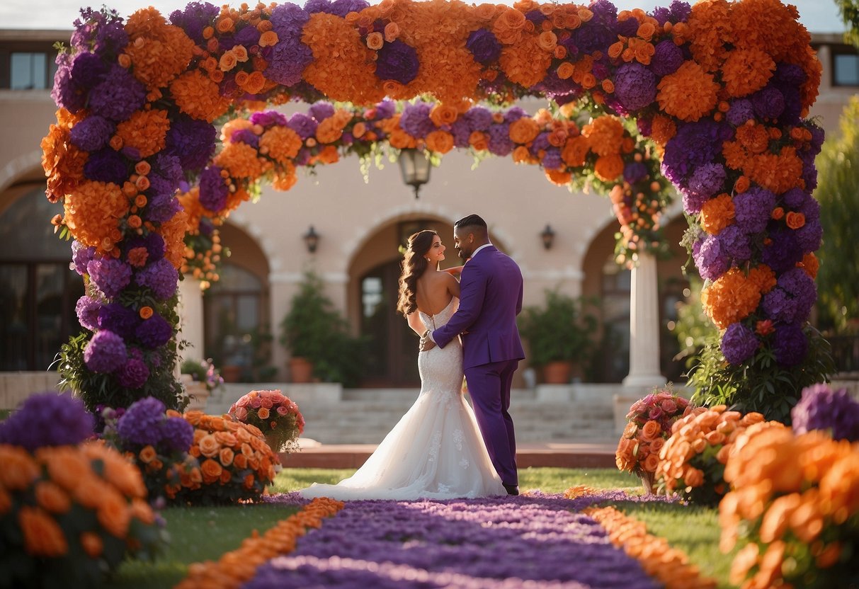 A bride and groom stand under a purple and orange floral arch. The bride wears a purple gown with orange accents, and the groom wears a purple suit with an orange tie. Tables are adorned with purple and orange centerpieces, and guests hold purple and