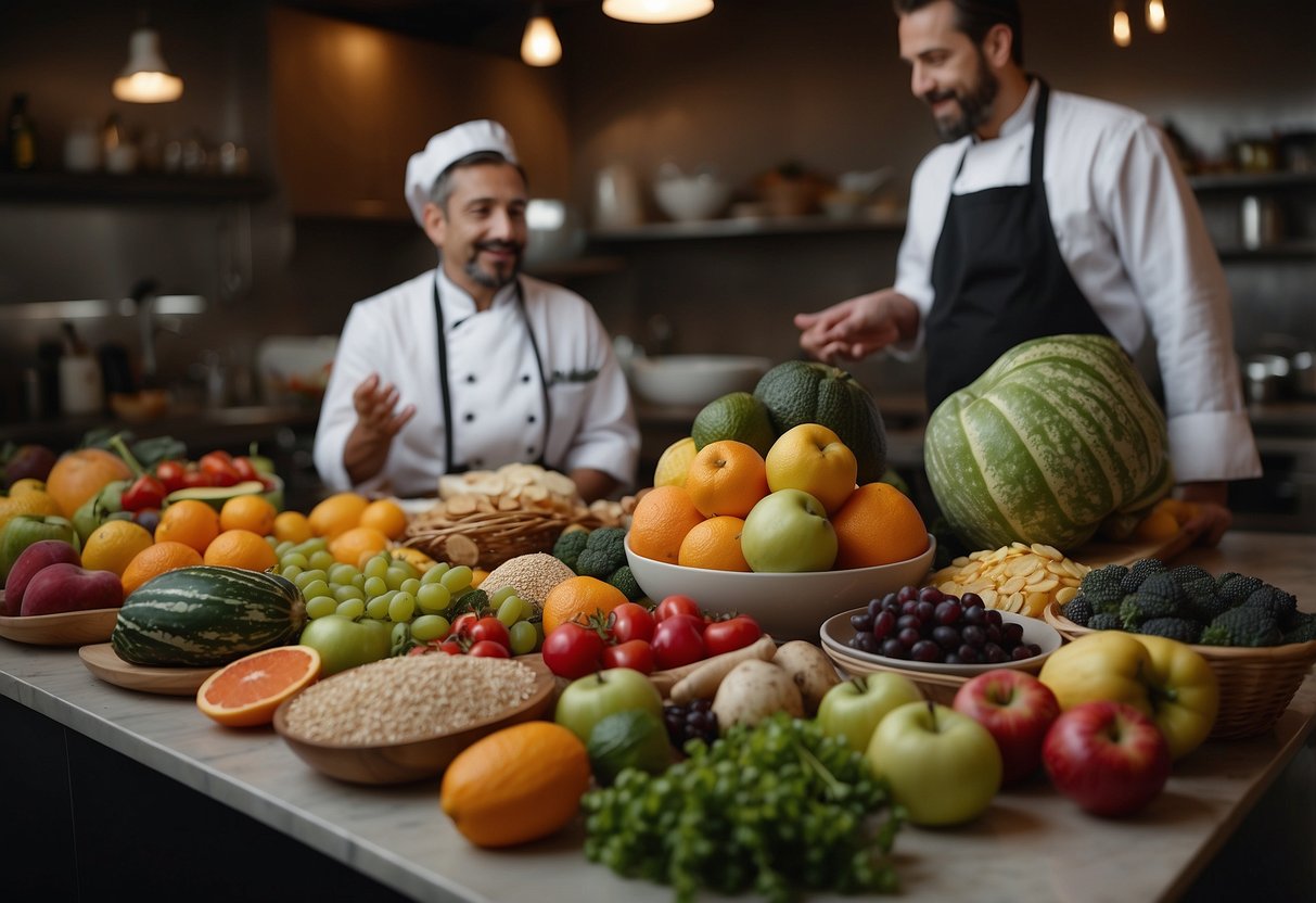 A table adorned with a variety of colorful fruits, vegetables, and whole grains, with a chef discussing menu options with a couple