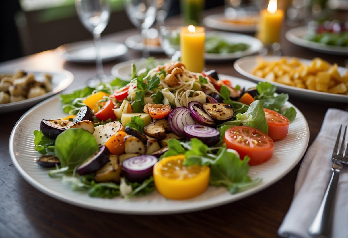 A table displays a variety of elegant dishes, including fresh salads, grilled vegetables, and savory entrees, all carefully arranged to create a visually appealing and balanced menu for a wedding reception