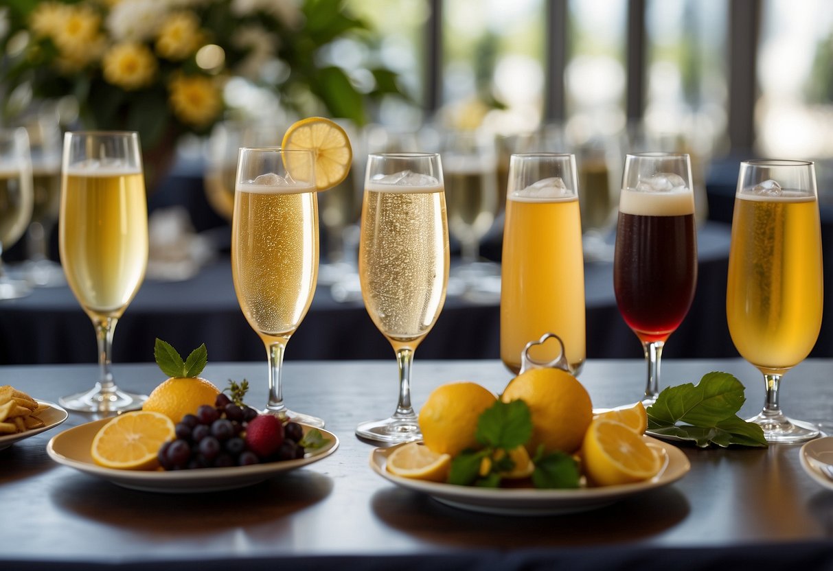 A table displays a variety of beverages - champagne, wine, cocktails, and non-alcoholic options. Elegant glassware and decorative garnishes add a touch of sophistication to the wedding reception spread