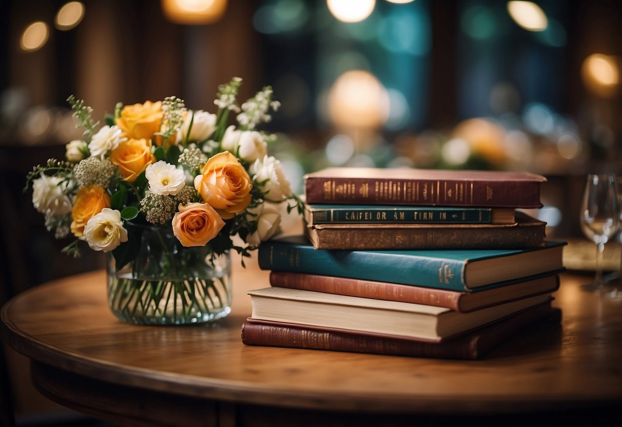 A stack of vintage books arranged as wedding table centerpieces