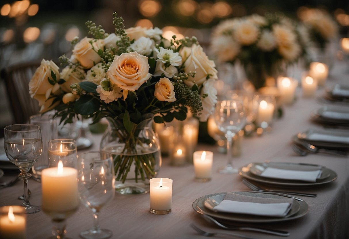 A table set with single stem bouquets in clear glass vases, surrounded by flickering tea lights on a budget-friendly wedding centerpiece