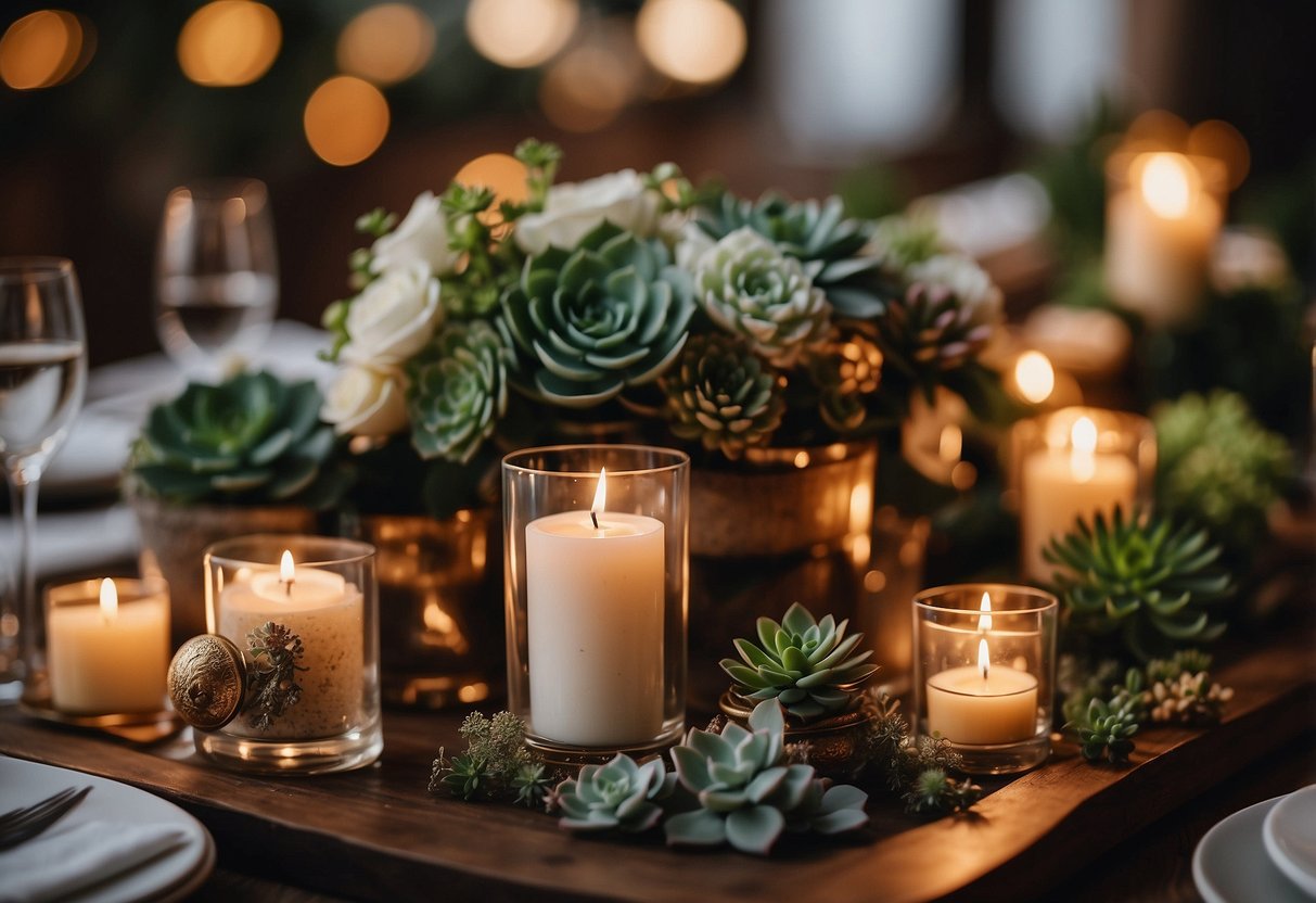 A table adorned with assorted small gifts, such as personalized candles, succulents, and mini bottles of champagne, arranged neatly for wedding guests