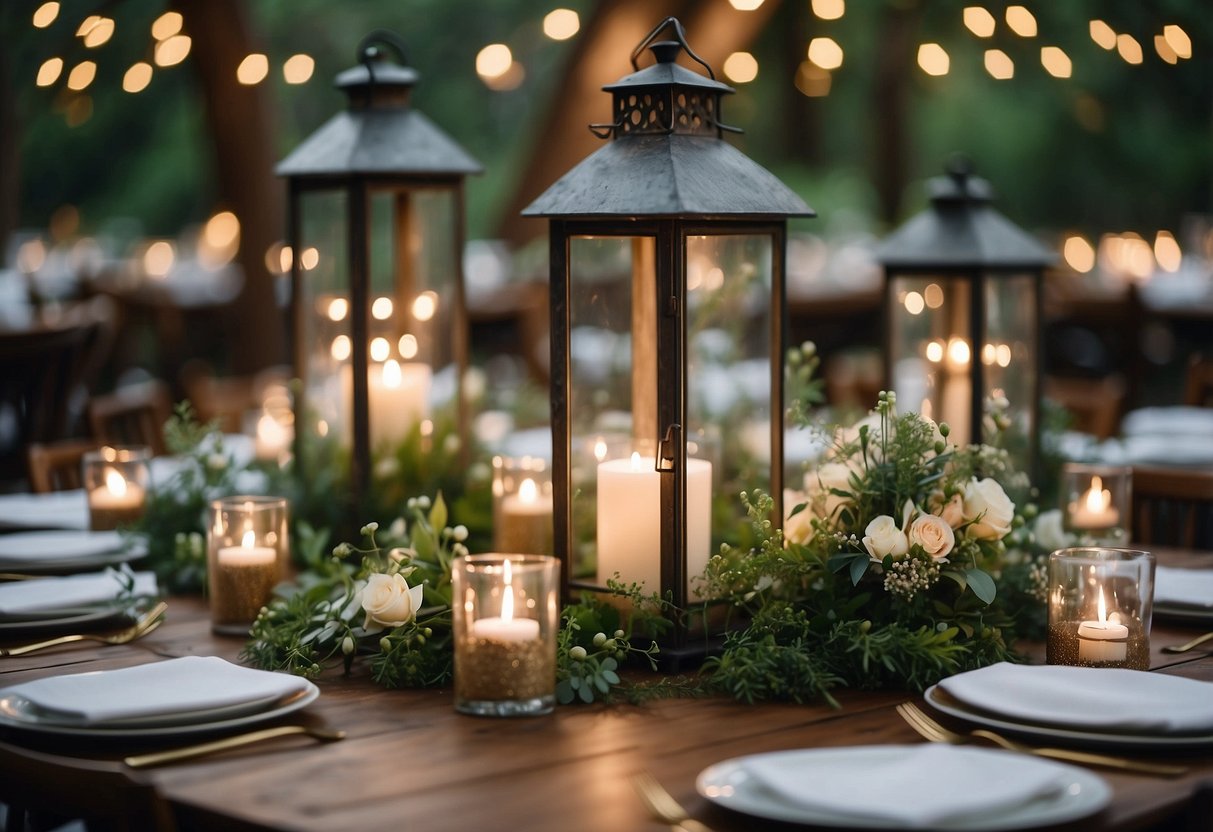 Rustic lanterns illuminate a budget-friendly wedding table, adorned with greenery and delicate flowers