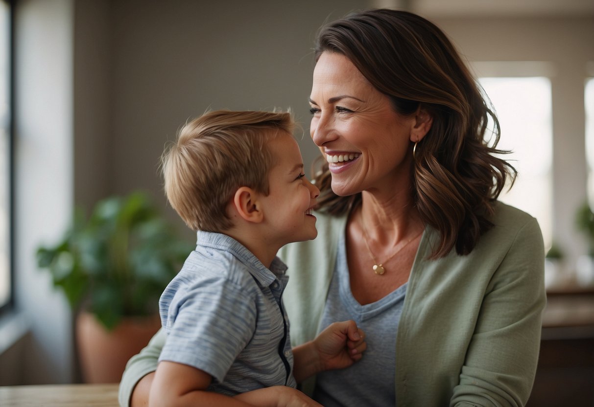 A mother's smiling face as she tells her son, "I remember when you were little, and you've grown into such a wonderful person."